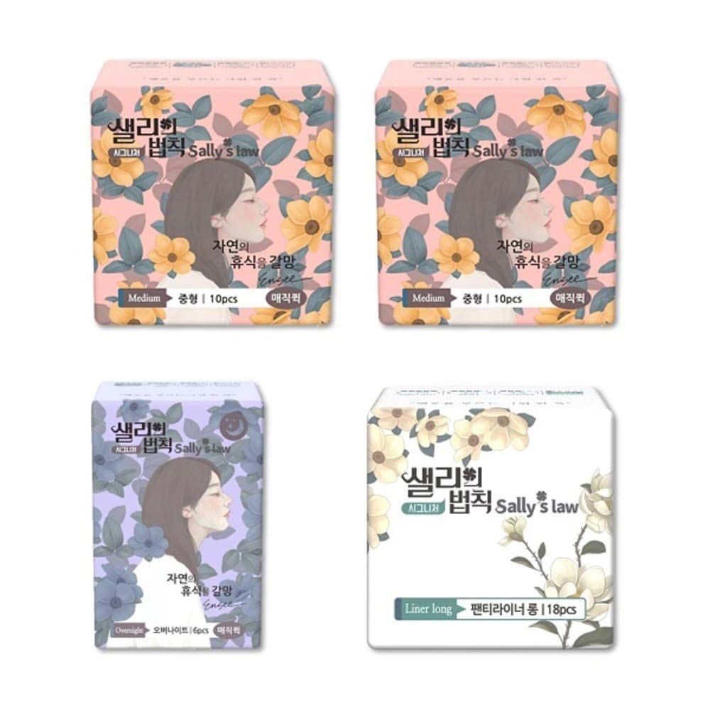 [SALLY'S LAW] Sanitary Pads Signiture Magic Quick Medium 2packs+Overnight 1pack+Panty liner 1pack - 100% PLA Cover, Cushioned comfort, Eucalyptus Scent - Made in Korea